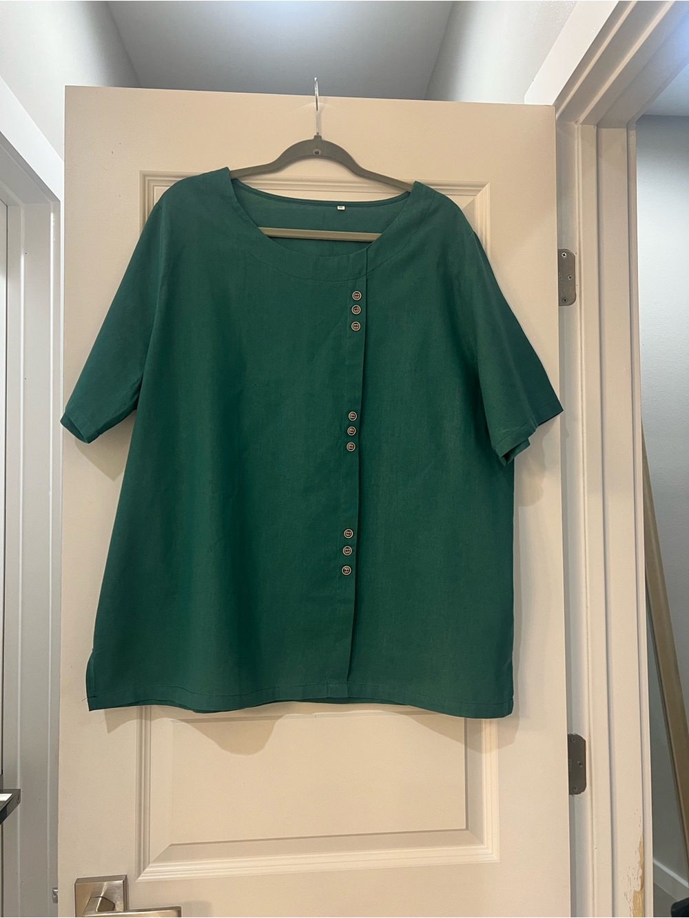 Women’s Dark Teal Short Sleeve Top with Asymmetrical Button Detail